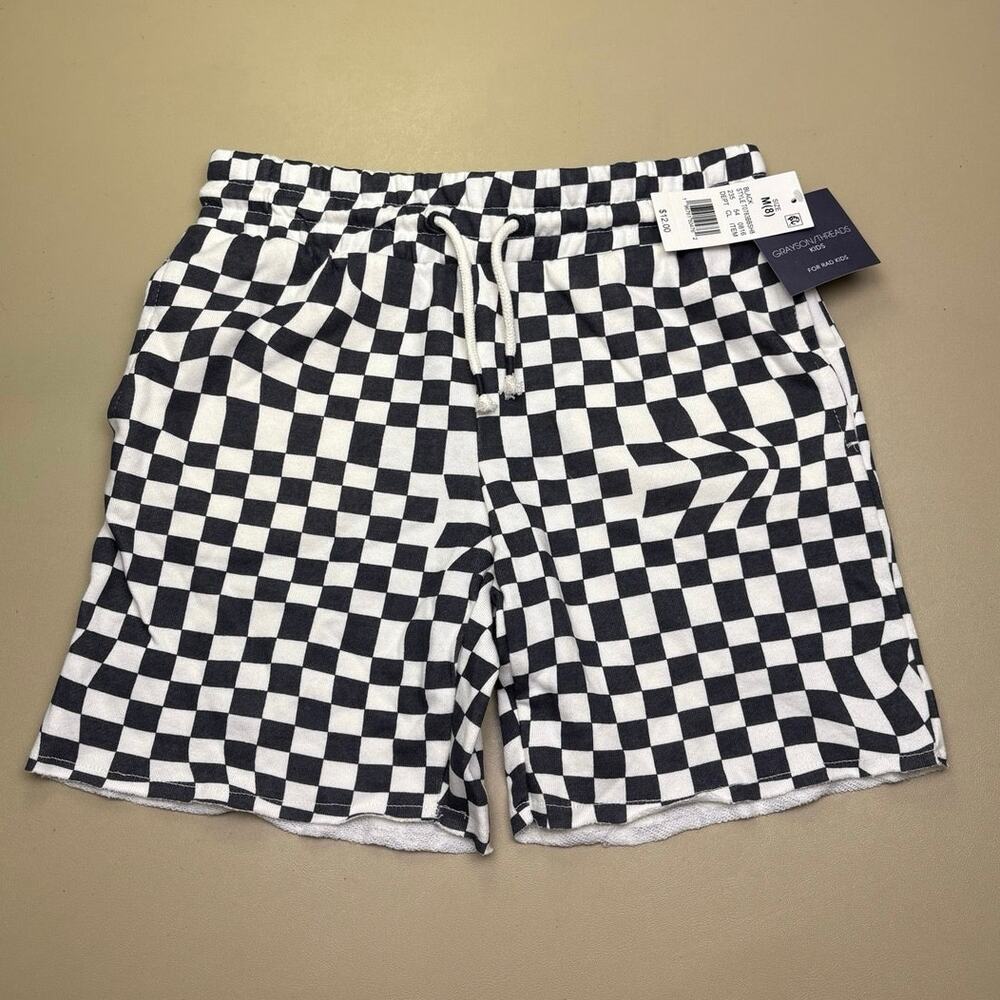 NWT Grayson Threads Kids Checkerboard Shorts Boys M 8 Black White Drawstring